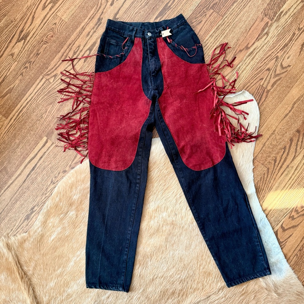 Machine Red and Black High Rise Suede Fringe Women's Jeans